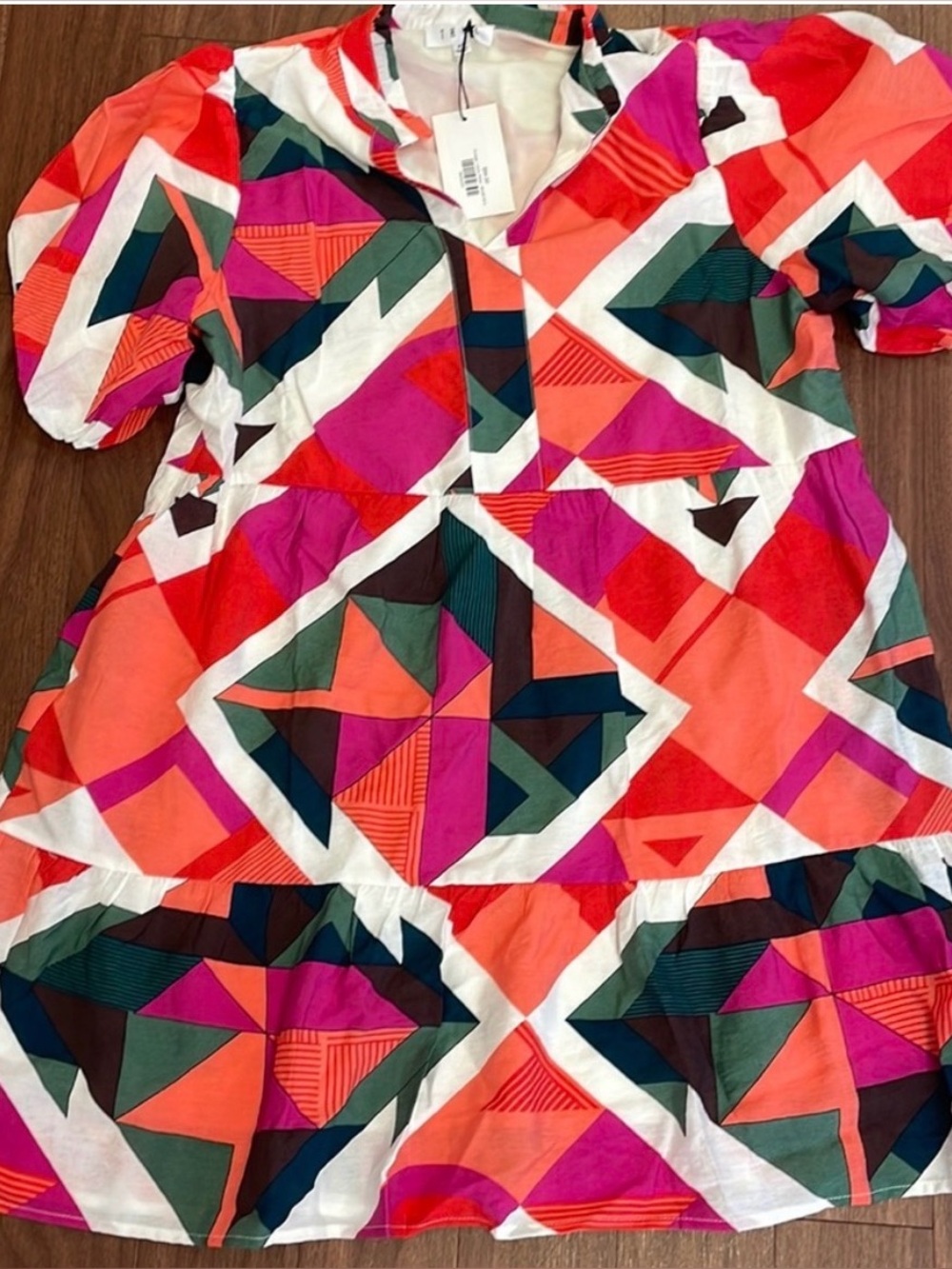 NWOT AVARA THML Lizzie Dress Geometric Print Puff Sleeves V Neck, Size XL